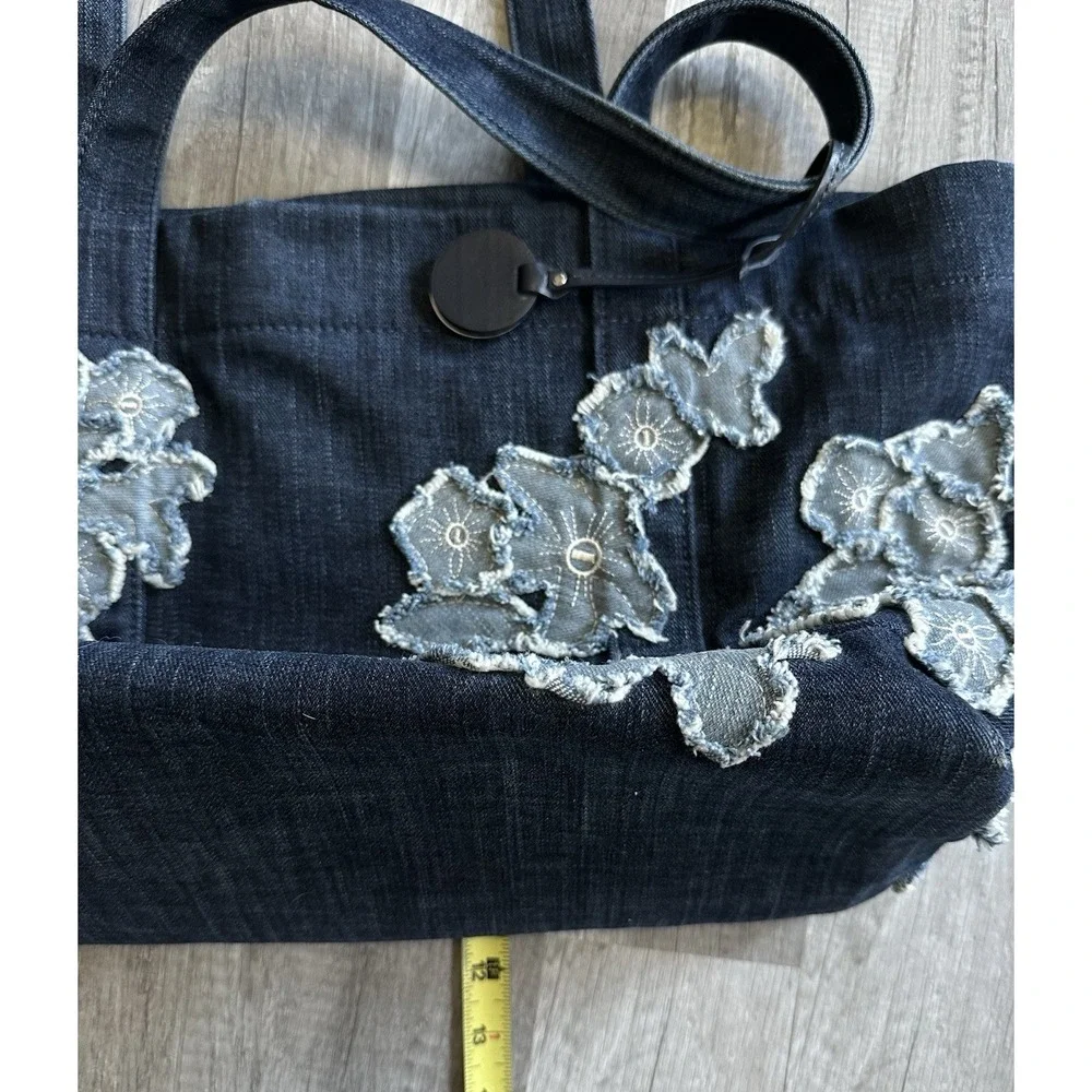 Michael Kors Denim Floral Appliqué Tote Bag Large Blue MK Shoulder Bag***RARE***